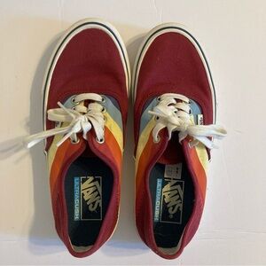 Vans size 8 maroon lace up sneakers with powder blue yellow &  orange stripe